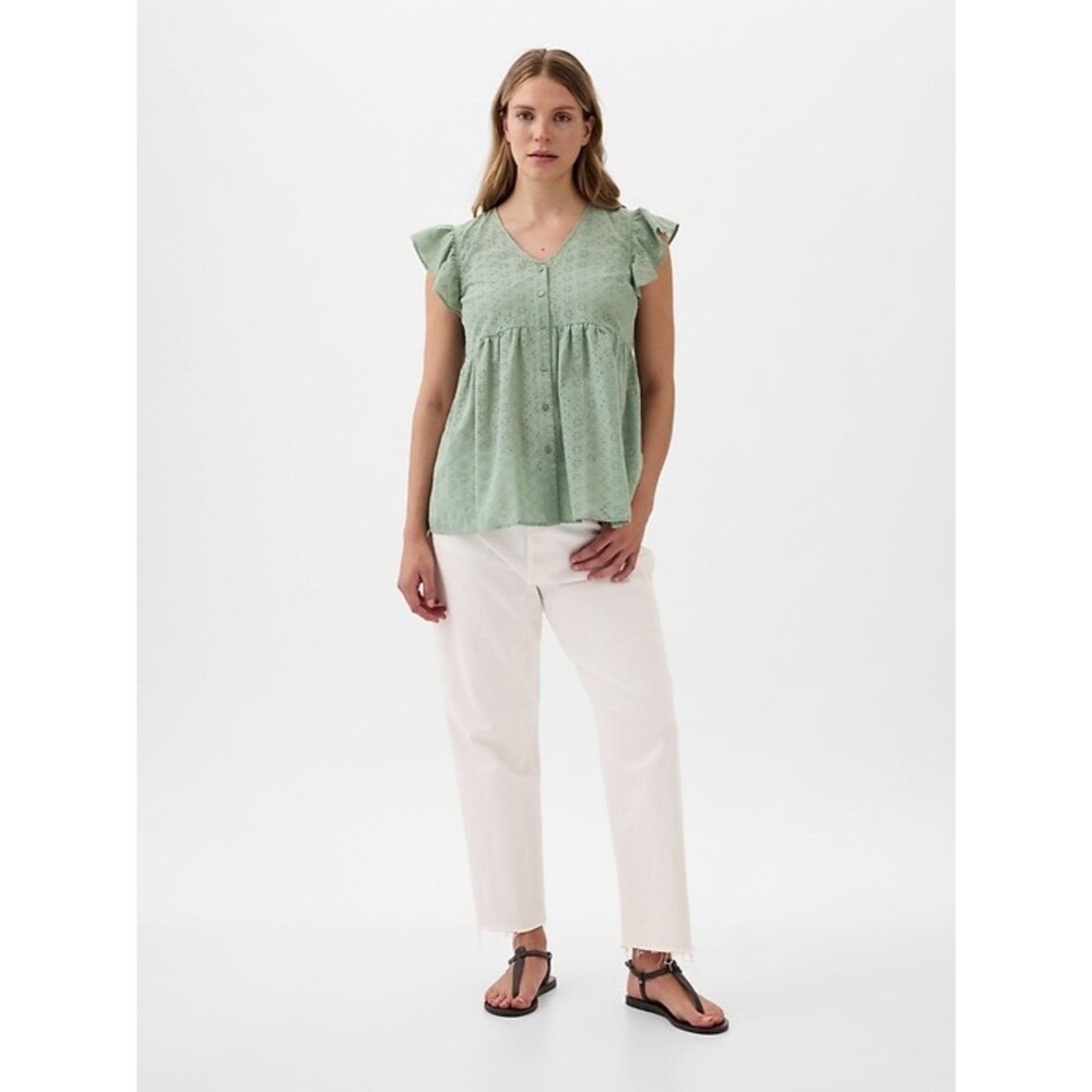 Gap Sage Green Cotton Eyelet Flutter Sleeve Button-Front Maternity Top L Spring